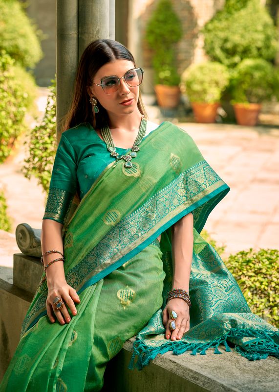 Parrot Green Weaving Designer Tissue Silk Saree