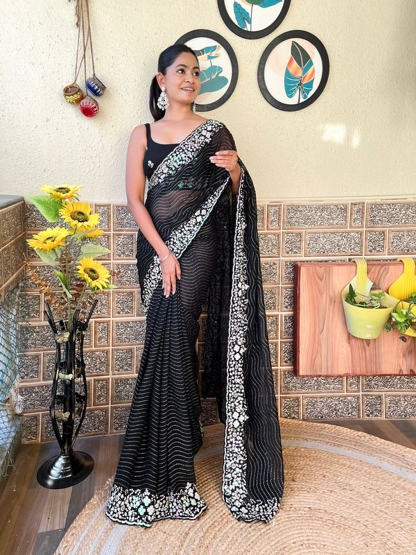 Black Georgette Heavy Sequins Embroidery Work Partywear Graceful Saree