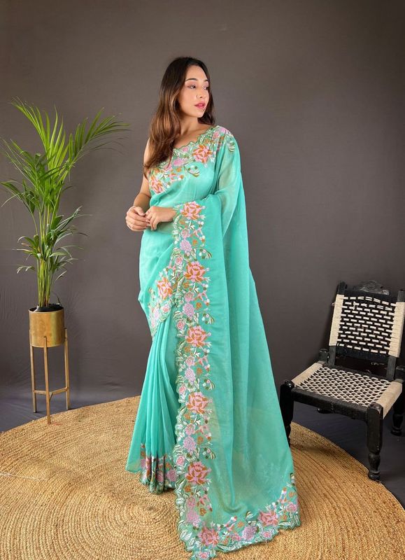Sea Green Cross Stich Embroidery Cut Work Glossy Silk Saree