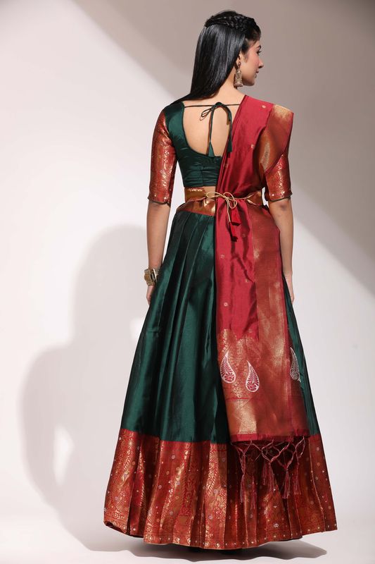 Deep Green Lichi Silk Jacquard Work Lehenga