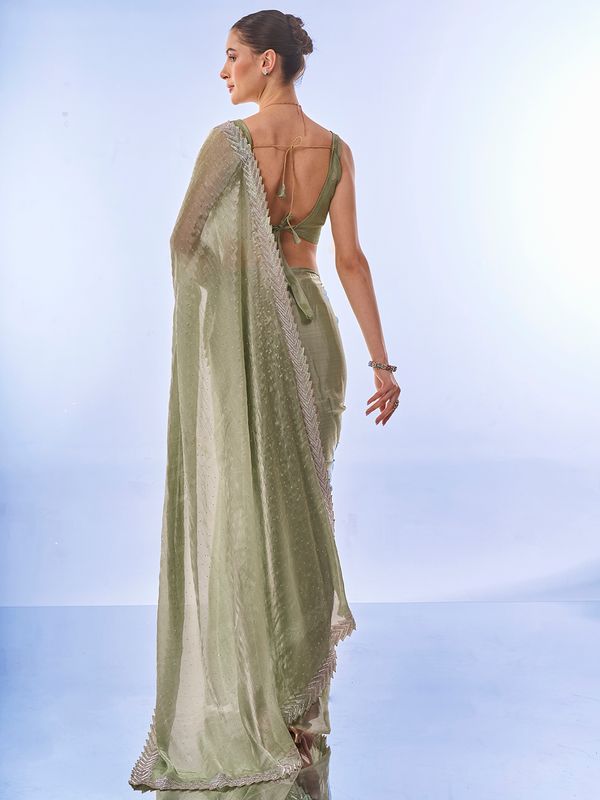 Pista Designer Work Lace Border & Swarovski Work Burburry Saree
