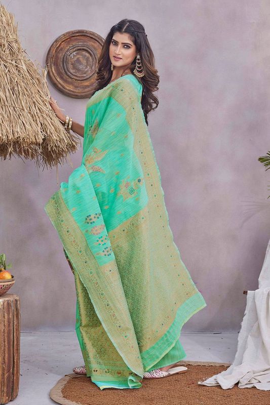 Sea Green Color Wevon Jacquard Designer Linen Fabric Graceful Saree