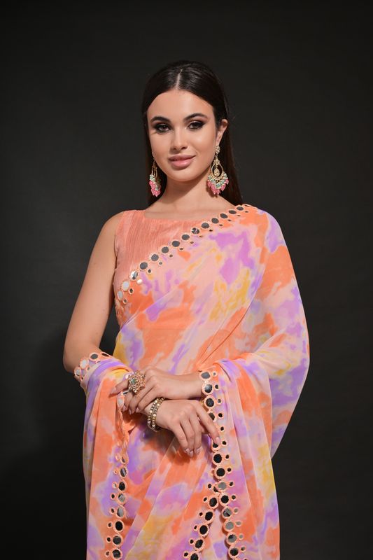 Orange Prizam Printed & Mirror Work Lace Border Georgette Saree