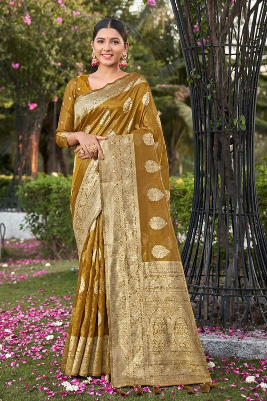 Mustard Weaving Rich Pallu Jari Designer Simmer Silk Saree