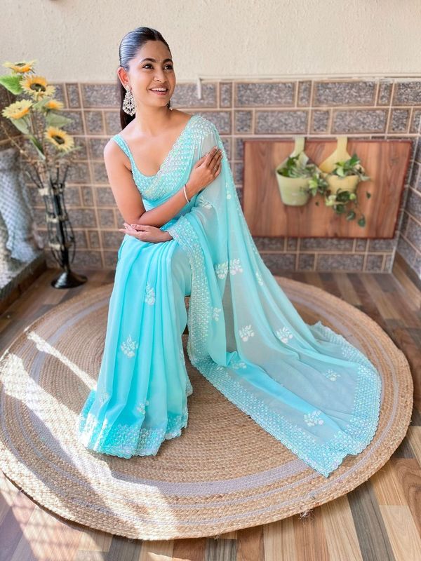 Sky Blue Sequance Embroidery Cut Work Georgette Saree