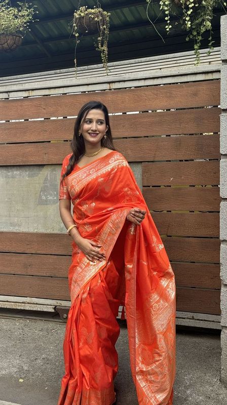 Orange Wevon Jacquard Jari Designer Banarasi Silk Saree