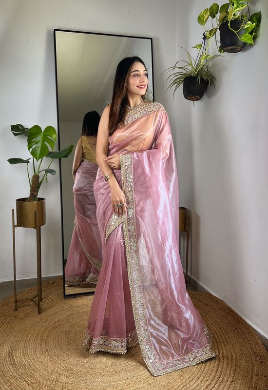 Pink Sequance & Jari Embroidery Work Silver Tissue Silk Saree