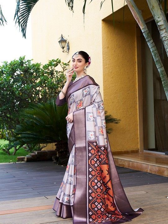 Grey Crepe Digital Print Saree With Tassels on Pallu and Stitched Purple Blouse