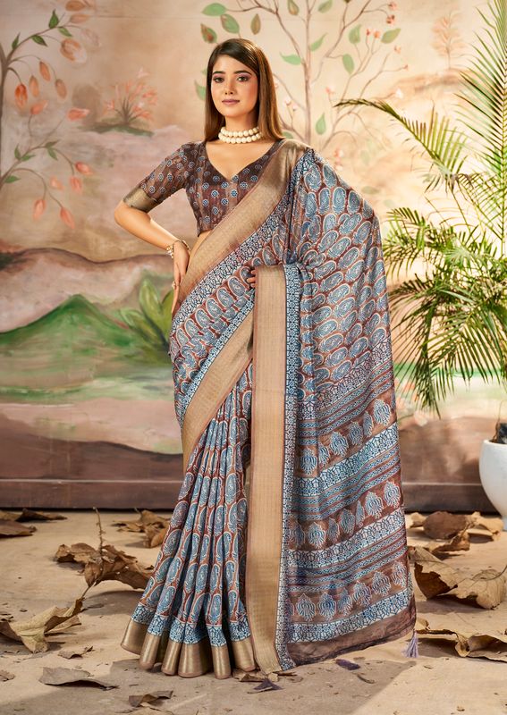 Brown Grey Wevon Border Designer With Printed Dolla Silk Saree