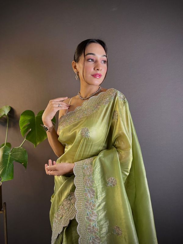 Green Sequance & Thread Embroidery & Cut Work Gold Crunchy Saree