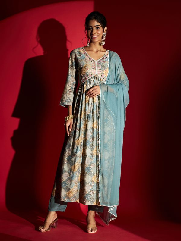Blue Pure Rayon A-Line Kurta