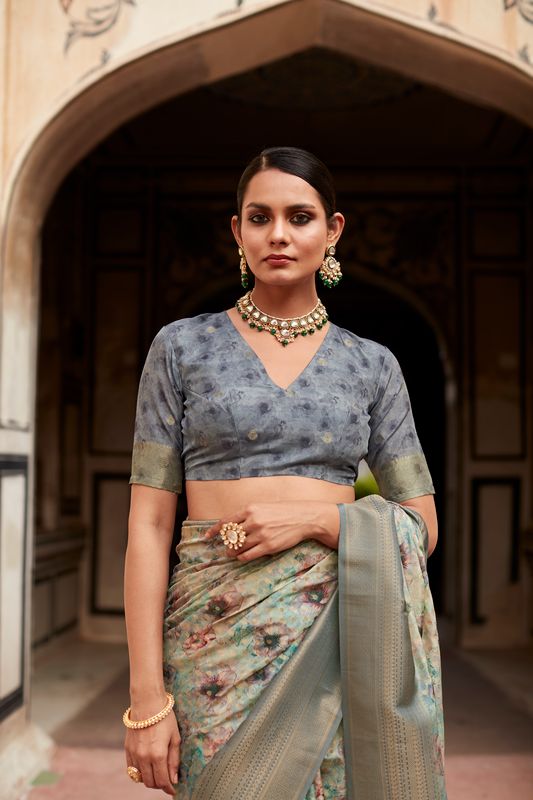 Grey Weaving Border Designer & Digital Printed Tissue Silk Saree