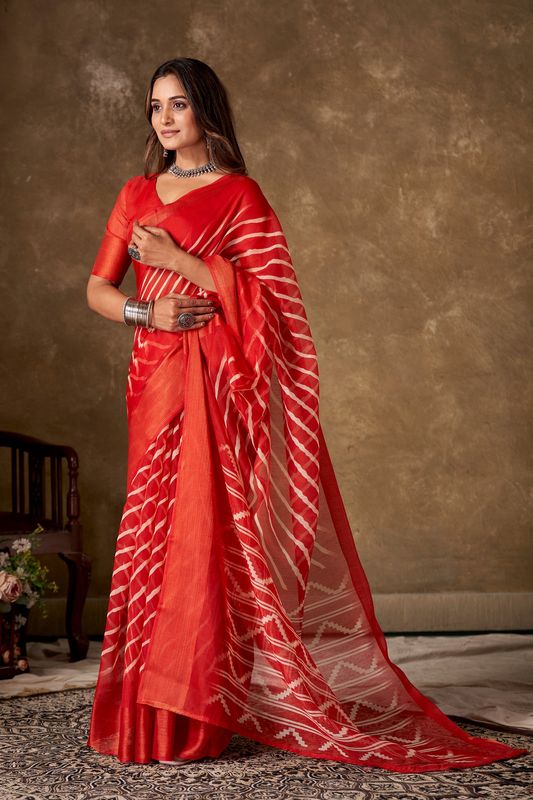 Orange Cotton Leheriya Saree and Stitched Orange Blouse