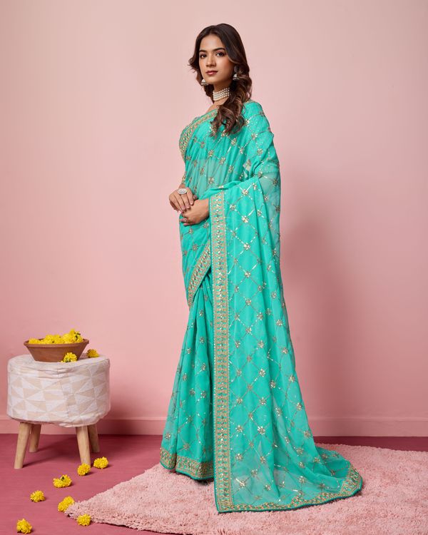 Sea Green Designer Coding & Sequance Embroidery Work Georgette Saree