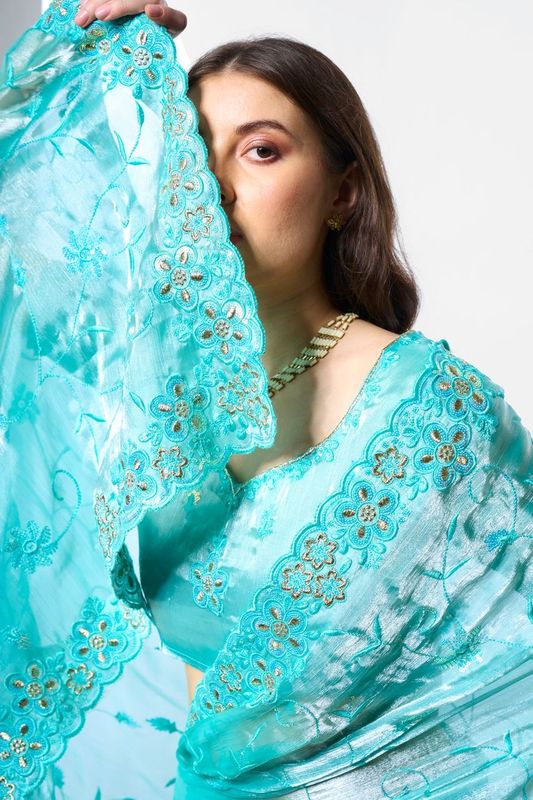 Blue Color Burburry Fabric Bollywood Style Designer Embroidery Work Evening Party Saree
