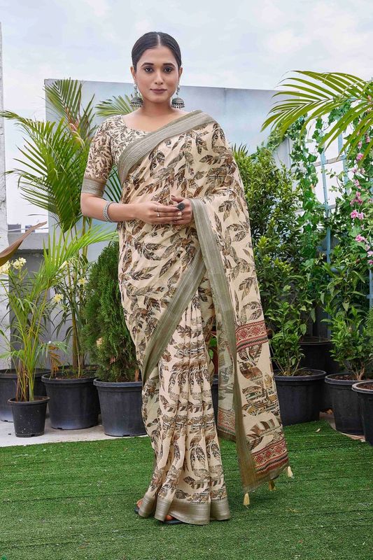 Cream Color Linen Blend Digital Printed Designer For Graceful Festive Looks