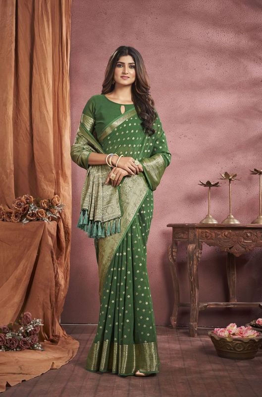 Green Georgette Woven Saree and Stitched Green Blouse