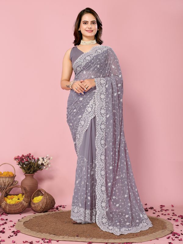 Purple Thread & Sequance Embroidery Work Georgette Saree