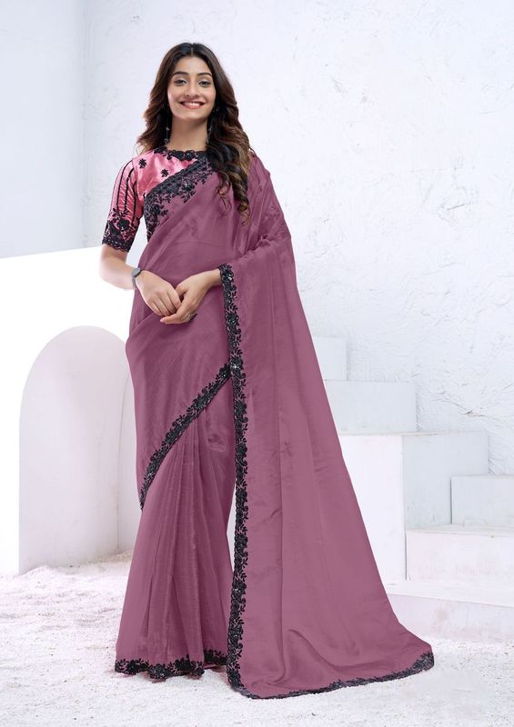 Dark Mauve Sequence Embroidery & Hand Work Crush Silk Saree