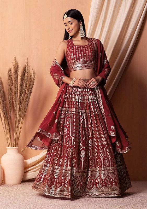 Maroon Color Sequins Embroidered Bridesmaid Ceremonial Lehenga Choli