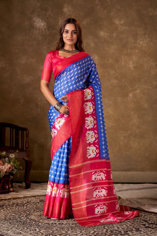 Blue Cotton Printed Saree and Stitched Pink Blouse