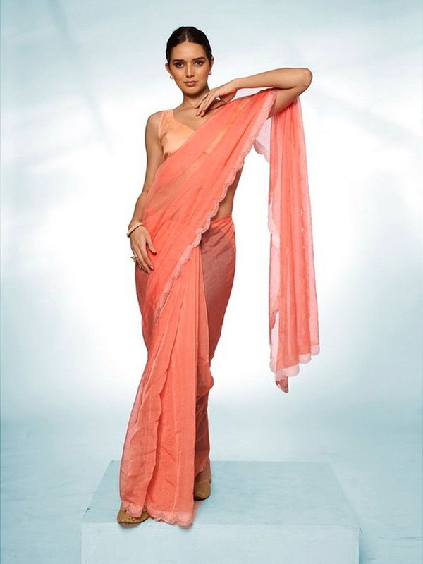 Orange Color Organza Fabric Swarovski Designer Graceful Bollywood Style Party Saree