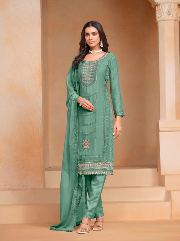 Green Organza Chiffon Designer Embroidery Work Heavy Looks Ceremonial Salwar Kameez