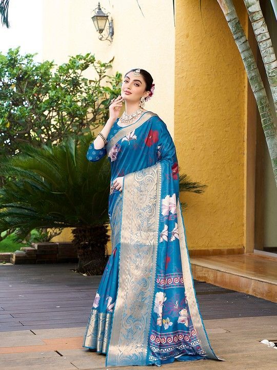 Blue Crepe Printed Saree and Stitched Blue Blouse