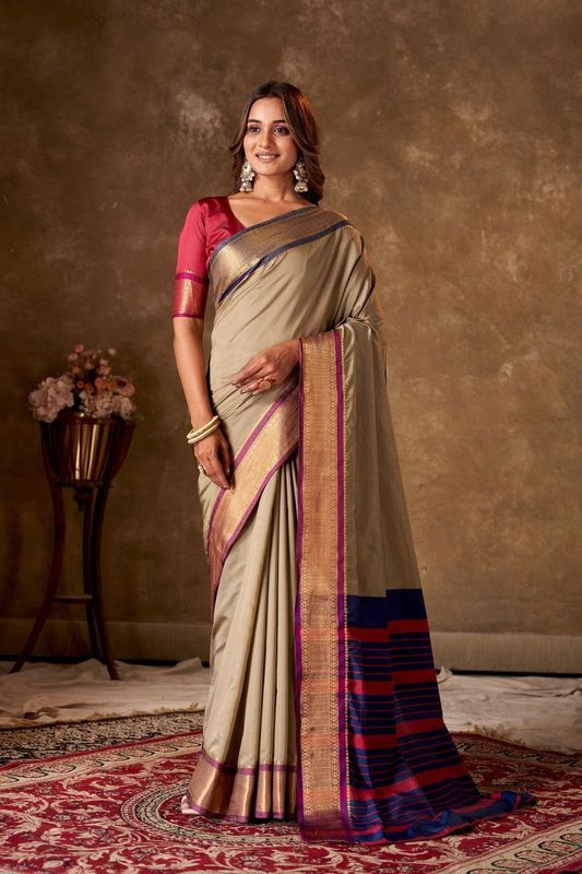 Gold Cotton Striped Saree and Stitched Red Blouse