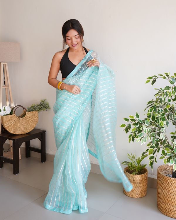 Sky Blue Silver Gota Embroidery Work Organza Saree