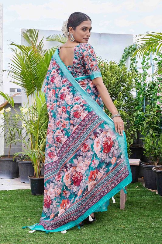 Multy Color Beautiful Fashinove Looks Smart Printed Linen Blend Saree