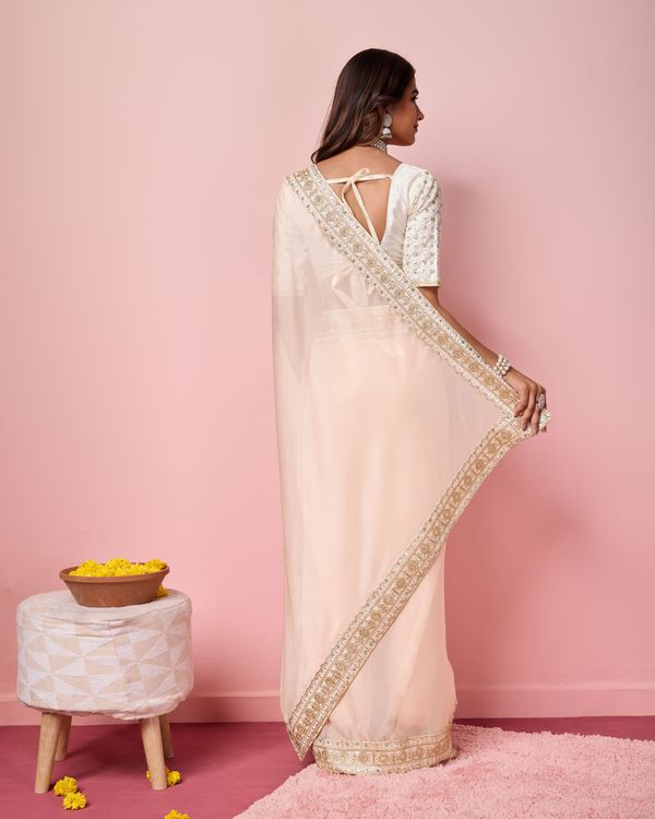Girlie Peach Color Organza Saree With Ethnic Embroidery Work On Border And Blouse