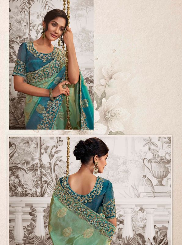 Sky Blue & Sea Green Heavy Designer Embroidery Work Dola Viscose Silk Saree
