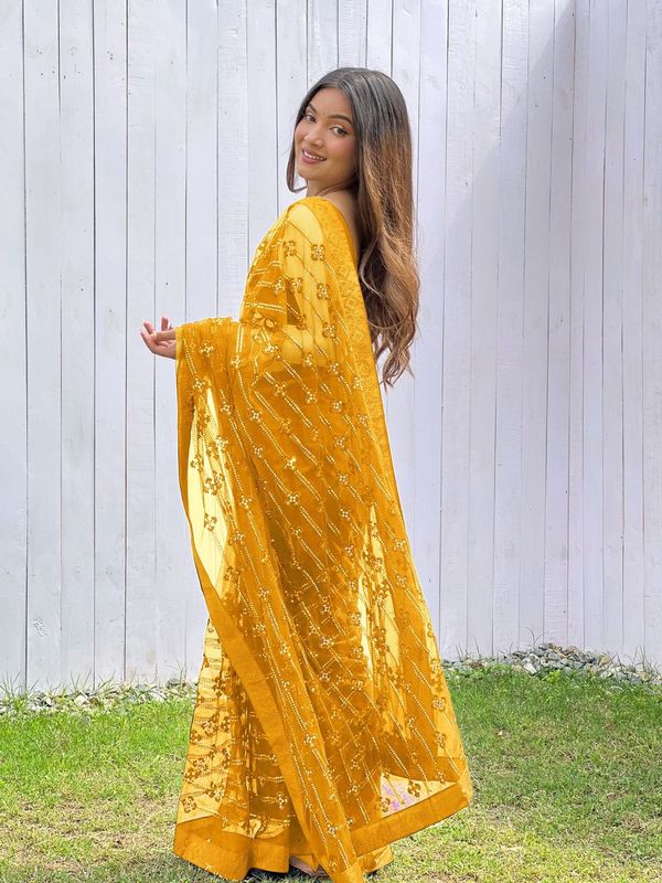 Yellow Thread & Sequance Embroidery & Diamond Work Butterfly Net Saree