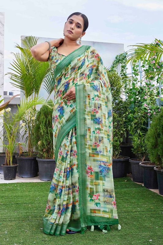Sea Green Color Linen Blend Smart Ethnic Saree With Trendy Digital Print Work