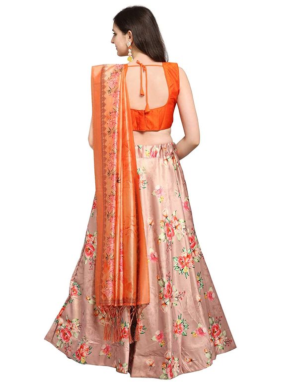 Bandhni Patola Type Digital Print Shiney Satin Croptop Lehenga Choli With Blouse For Women and Girls