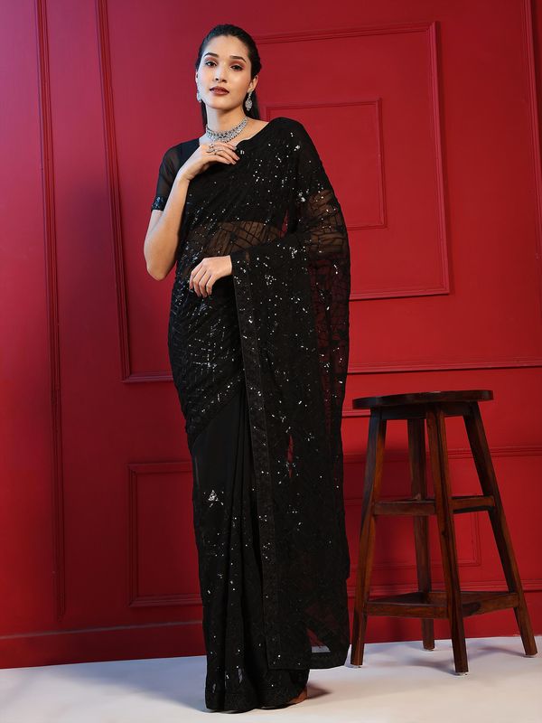 Black Designer Sequance Embroidery Work Georgette Saree