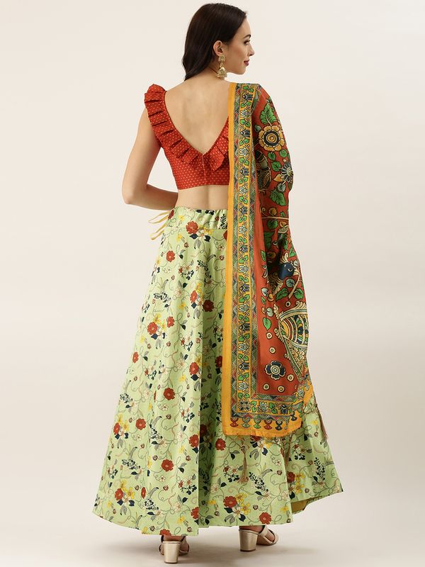 Kalamkari Digital Print Shiney Satin Stitched Lehenga Choli With Unstitched Multi Sequnce Work Blouse and Banarsi Silk Dupatta For Women and Girls