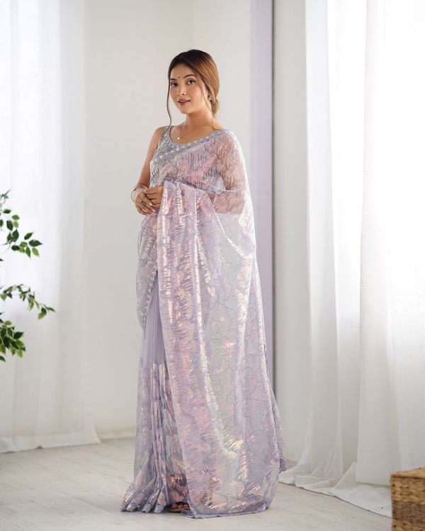 Lavender Heavy Sequance Embroidery Work Mono Net Saree
