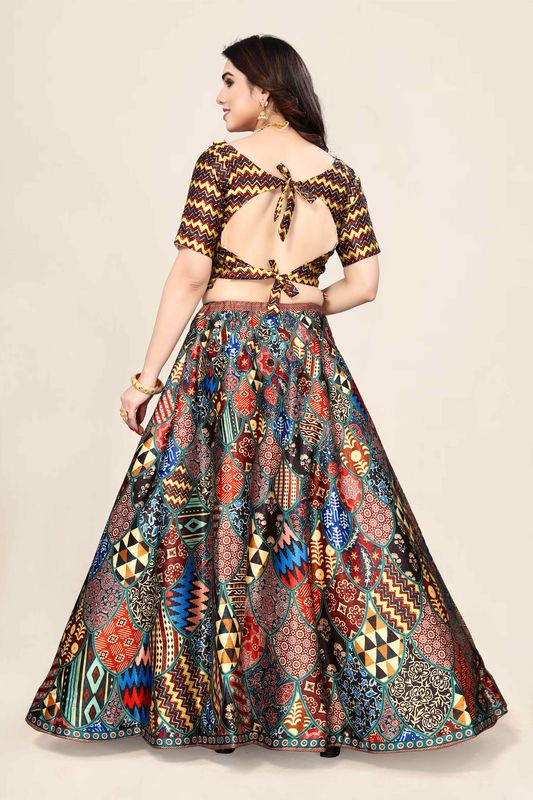 Ethnic Motifs Digital Print Shiney Satin Croptop Lehenga Choli With Blouse For Women and Girls
