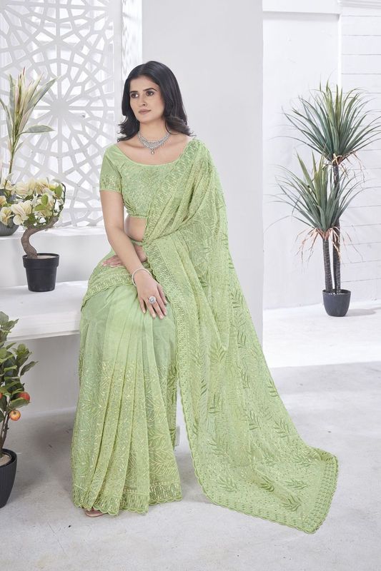 Green Multy Thread & Sequance Embroidery Cut Work Tissue Net Saree