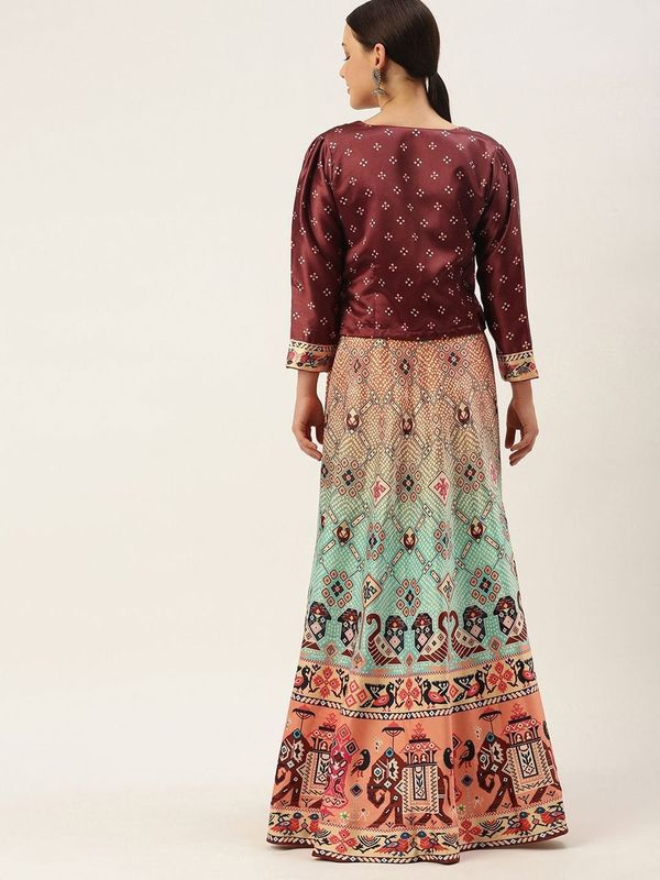 Ethnic Motifs Digital Print Shiney Satin Croptop Lehenga Choli With Blouse For Women and Girls