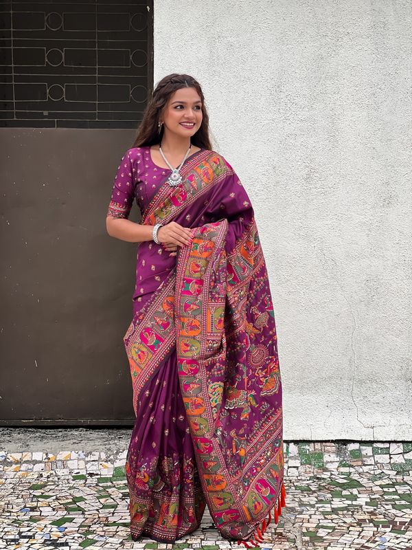 Purple Pashmina Silk Wevon Kashmiri Meenakari Designer Ethnic Indian Rich Looks Saree