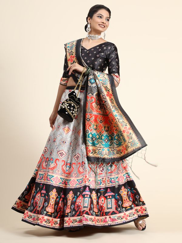 Digital Print Satin Silk Fabric Stitched Lehenga Choli With Jequared Blouse and Assami Silk Thread Work Dupatta For Women and Girls In Festive Party And Traditional Wear