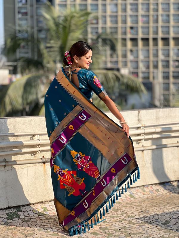 Navy Blue Wevon Paithani Vitthala Designer Soft Silk Saree