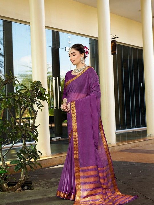 Purple Crepe Woven Saree and Stitched Purple Blouse