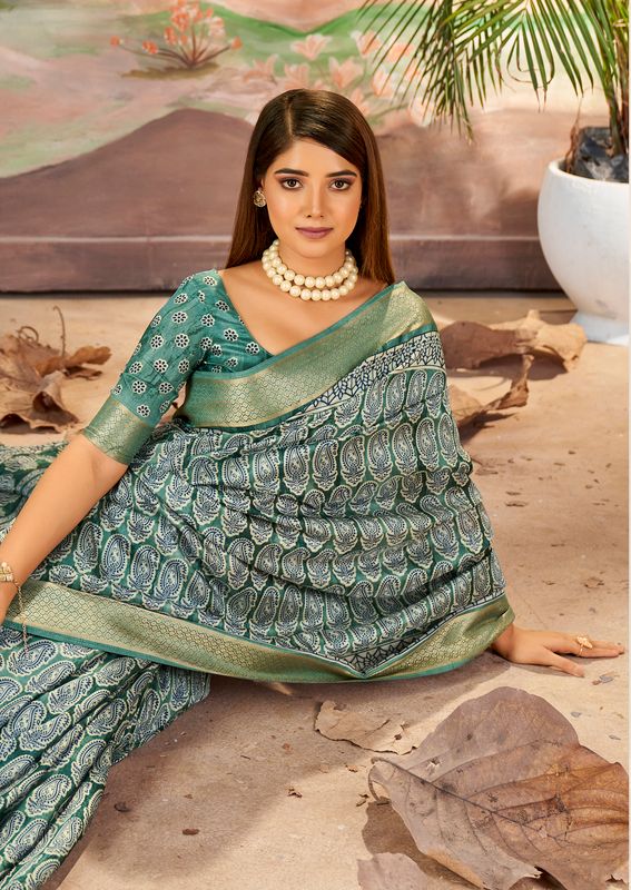 Mineral Green Wevon Border Designer With Printed Dolla Silk Saree