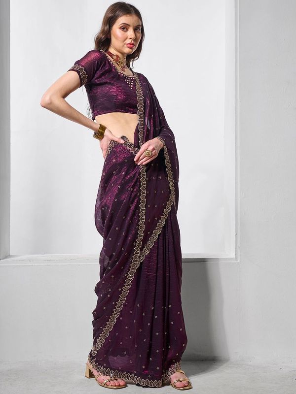 Wine Designer Embroidery Work Crunchy Chiffon Saree