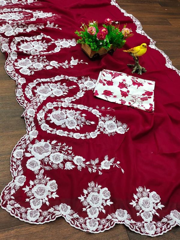 Red Thread Embroidery & Cut Dana Work Thai Organza Silk Saree