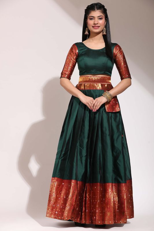 Deep Green Lichi Silk Jacquard Work Lehenga
